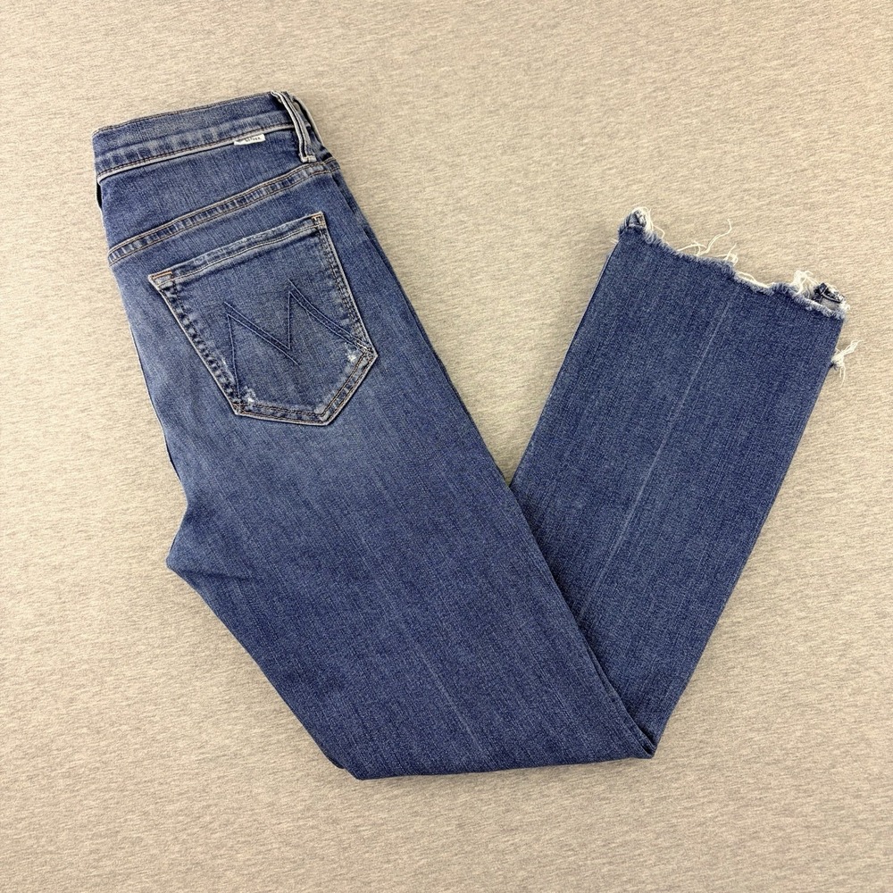 MOTHER Insider Crop Step Chew Jeans Sz 27 Dancing On Coals Blue Distressed Denim